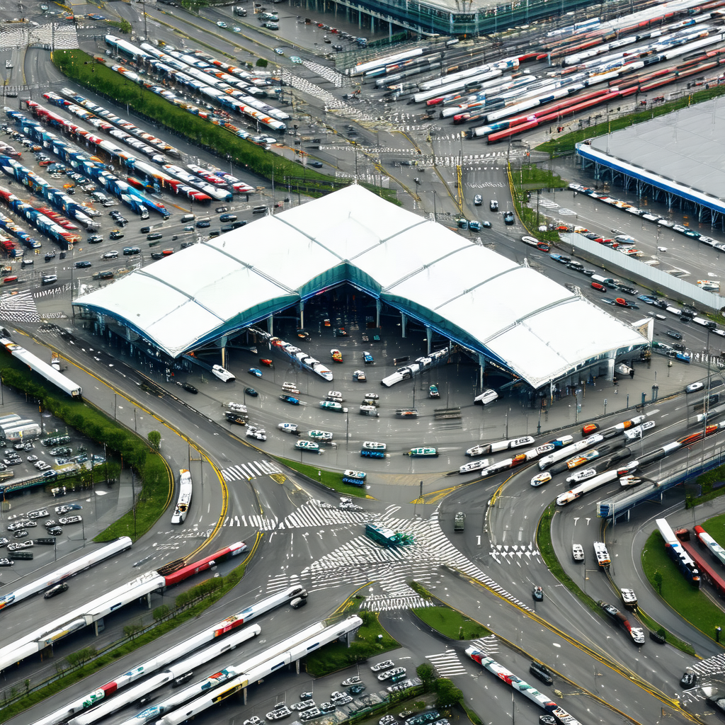 Bird's eye view of a large parking lot filled with variou...