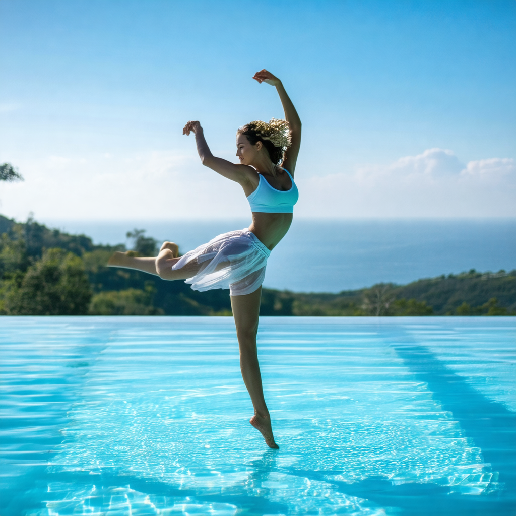 Woman in a white dress, standing on a pool of water and p...