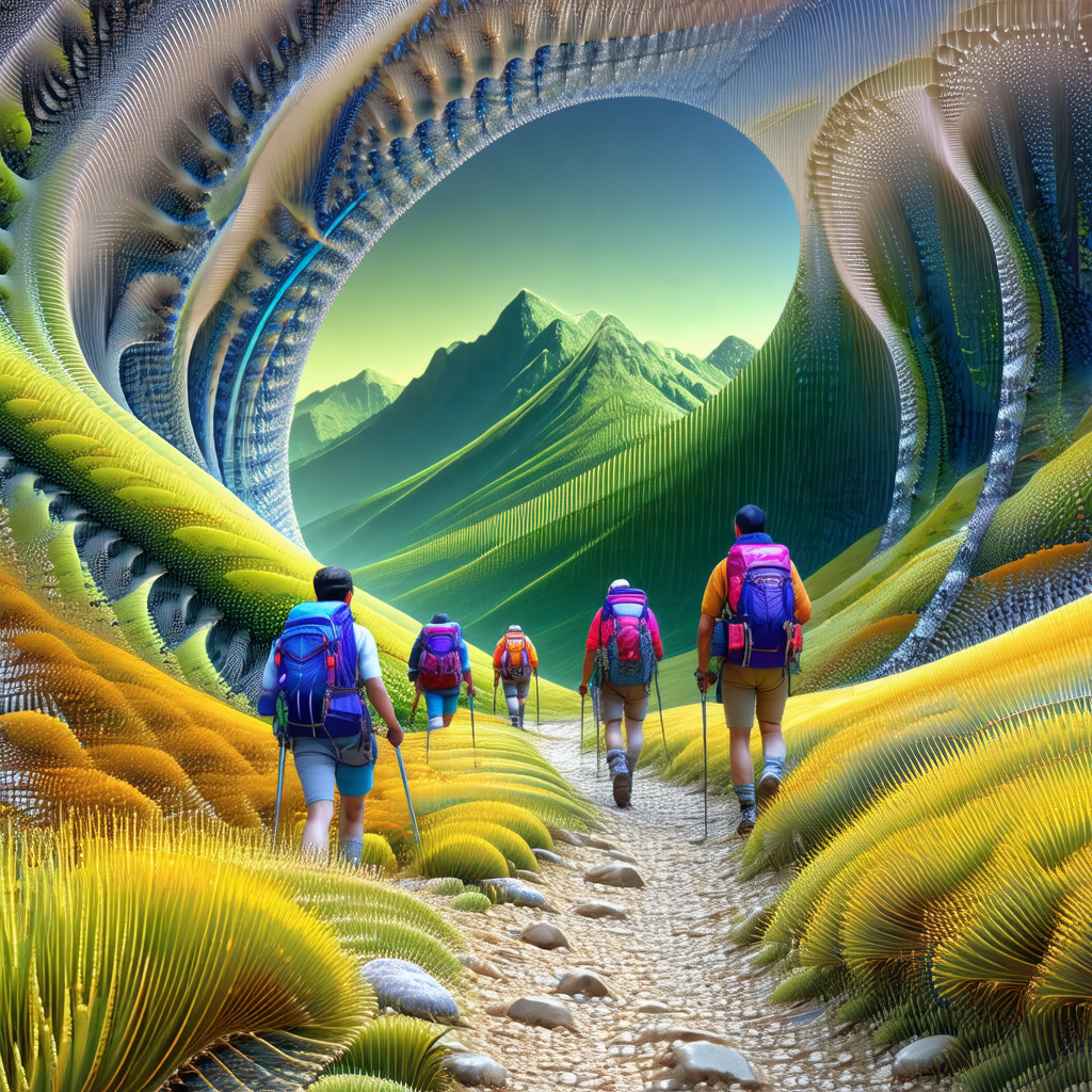 Group of six people walking together on a dirt path in a ...