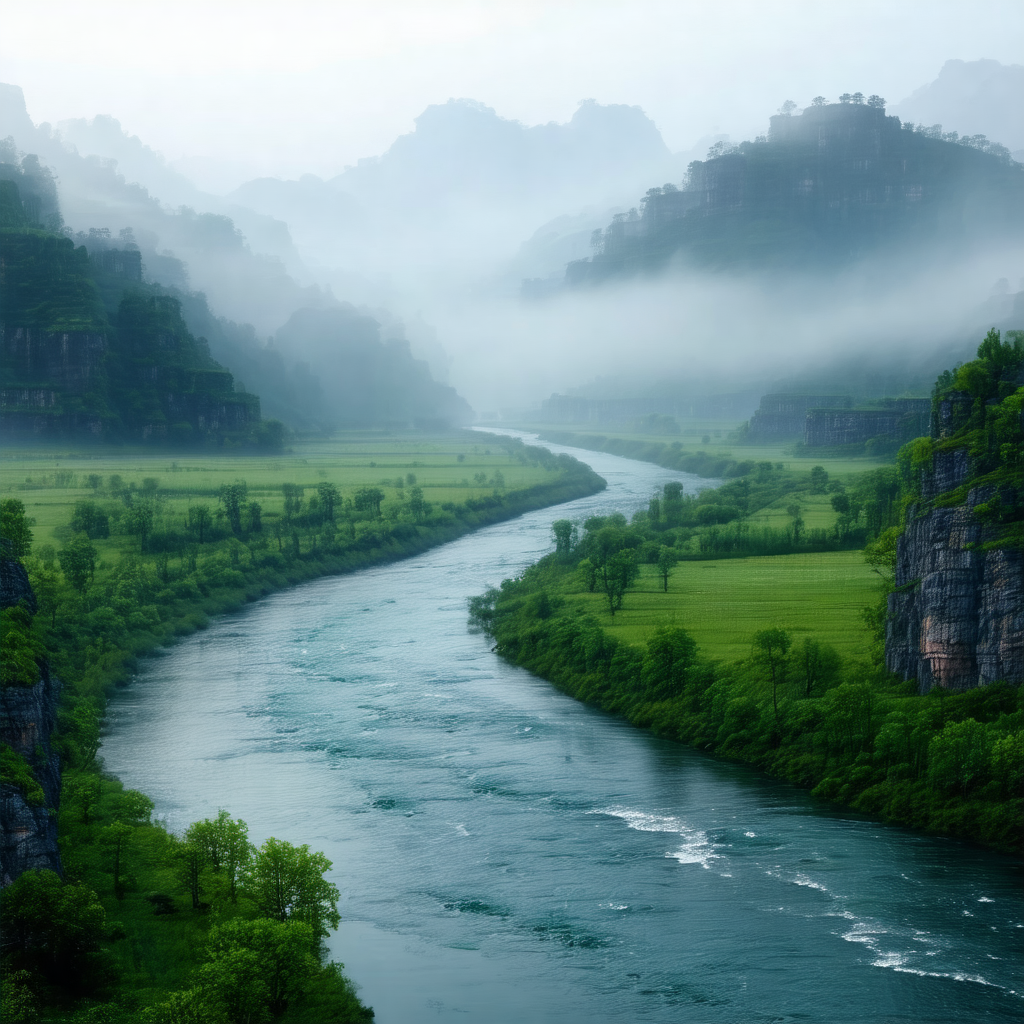 Serene scene of a river flowing through a lush green valley
