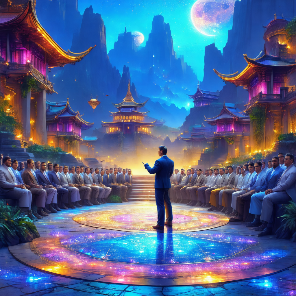 Colorful and vibrant painting of a man standing in the ce...