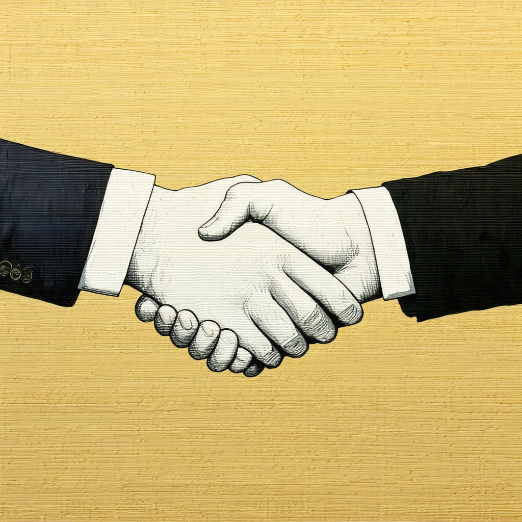 Two men are shaking hands in a business setting