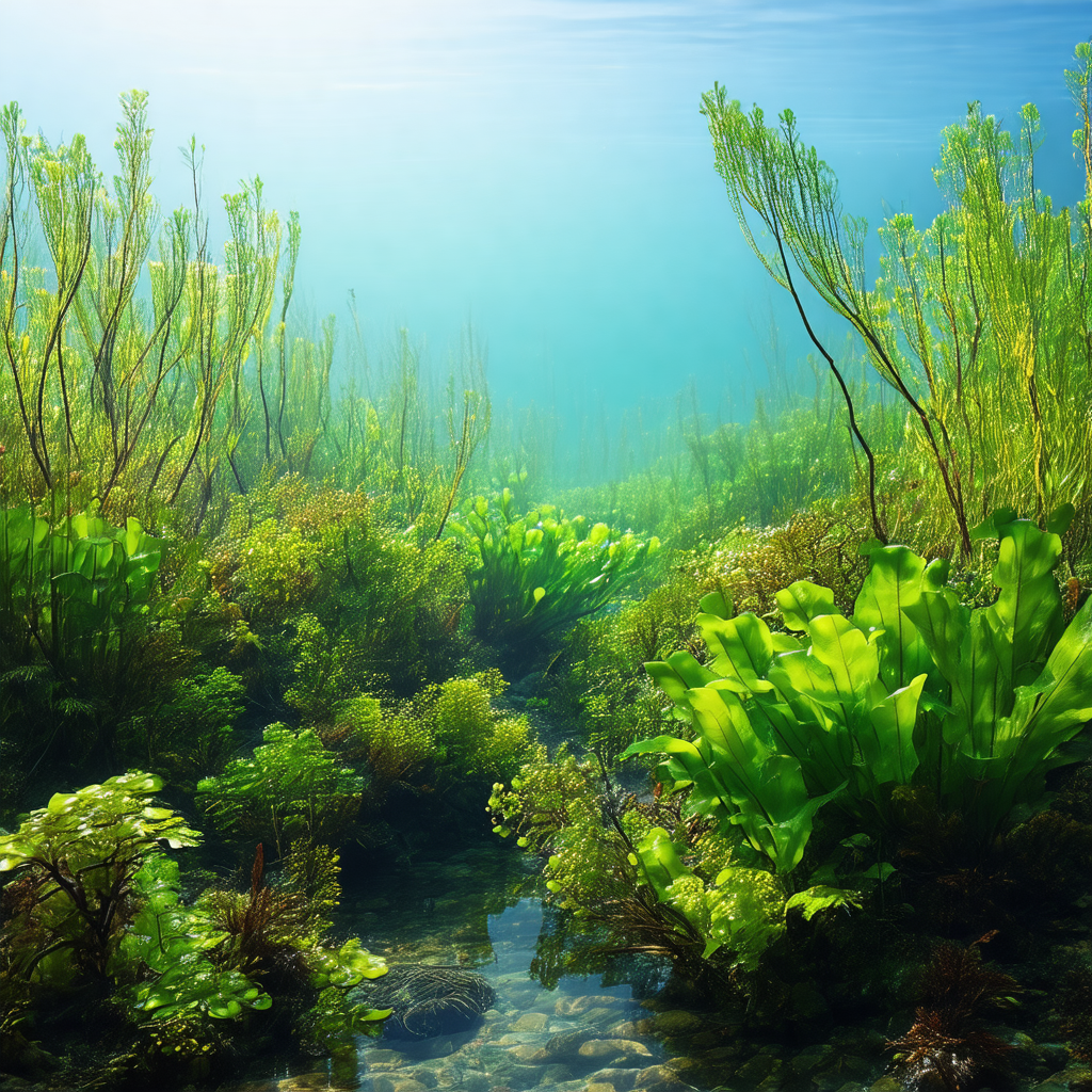 Lush green underwater forest filled with various plants a...