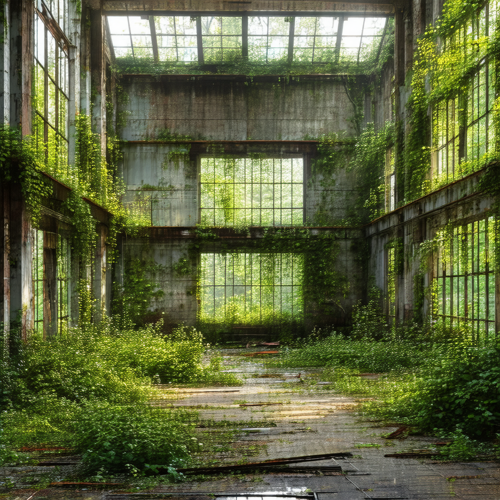 Large, abandoned building with a lot of green ivy growing...