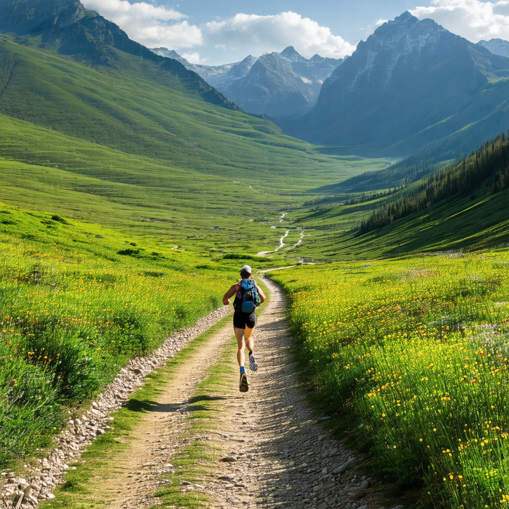 Man running down a dirt road in a lush green field
