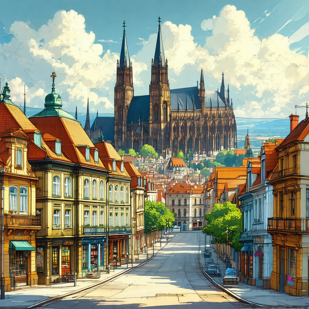 Beautifully drawn cartoon of a city street with a large c...