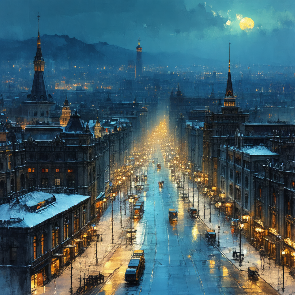 Painting of a city street at night, with a beautiful view...
