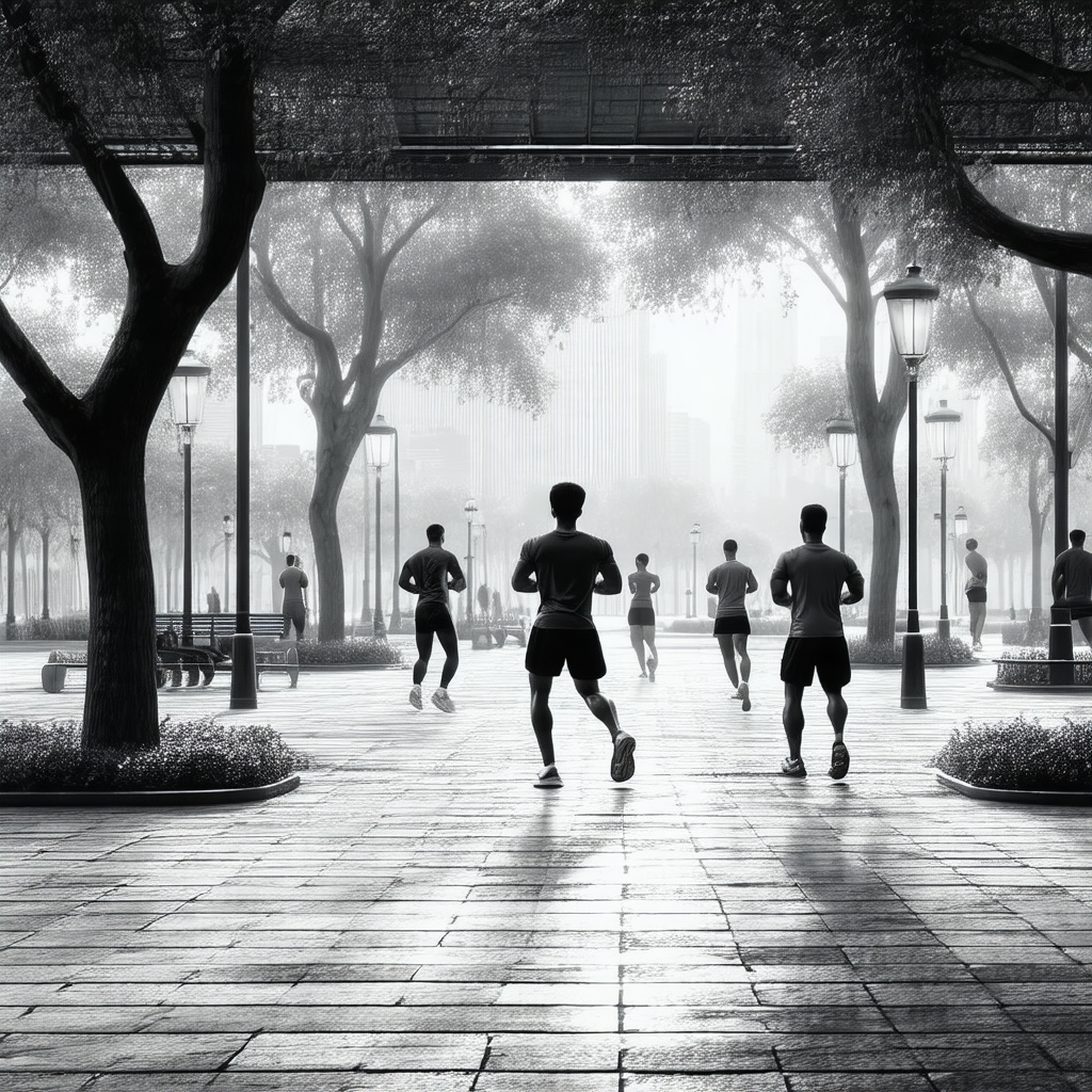 Black and white photo of a group of people running on a s...