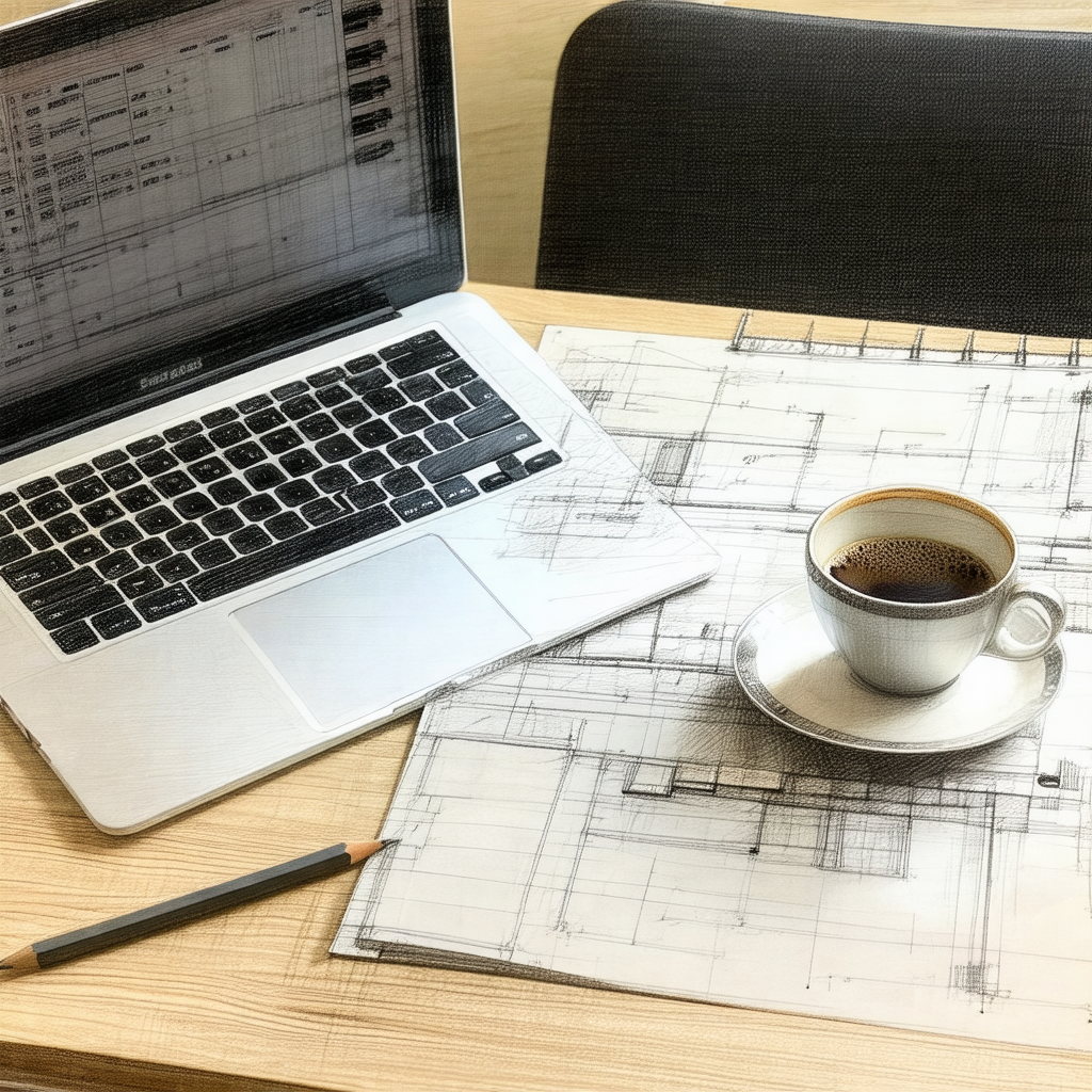 Wooden table with a laptop computer and a cup of coffee p...