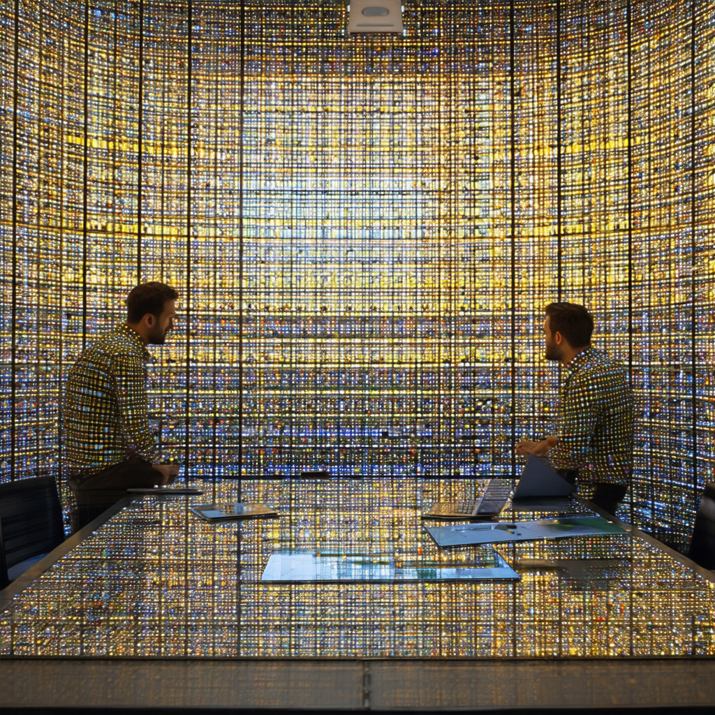 Two men sitting at a glass table in a room with a unique,...