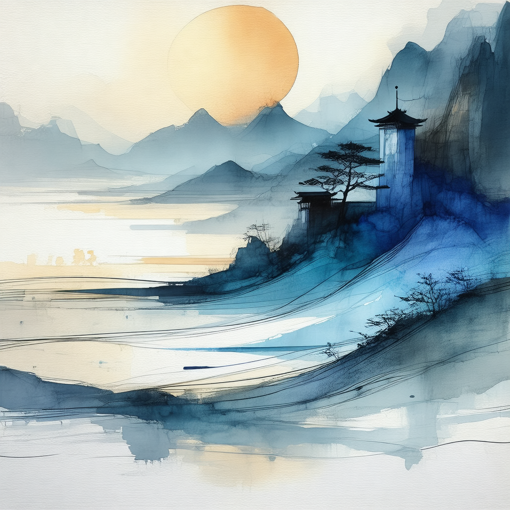 Watercolor painting of a mountainous landscape with a lar...