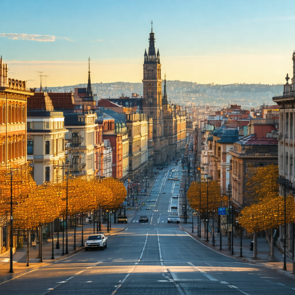 City street with a large cathedral in the background