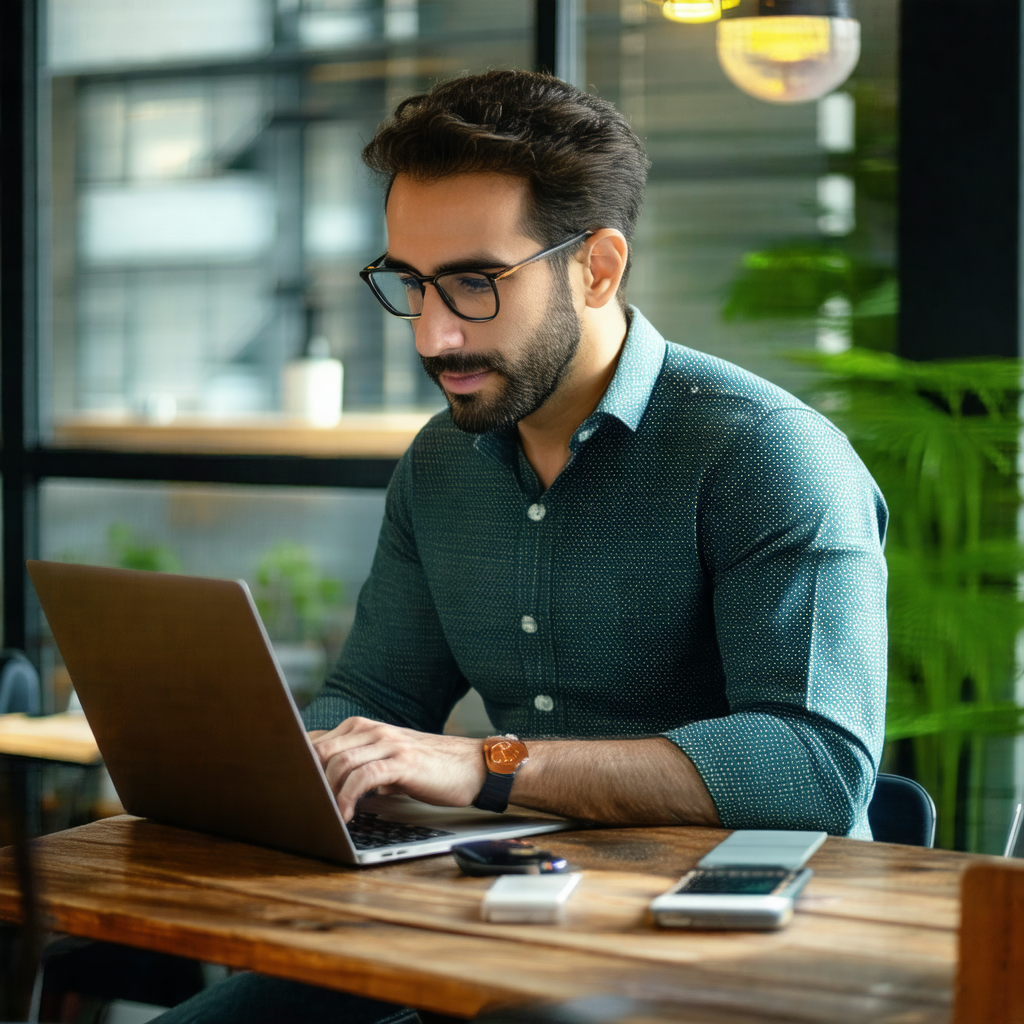 Man sitting at a dining table, working on his laptop
