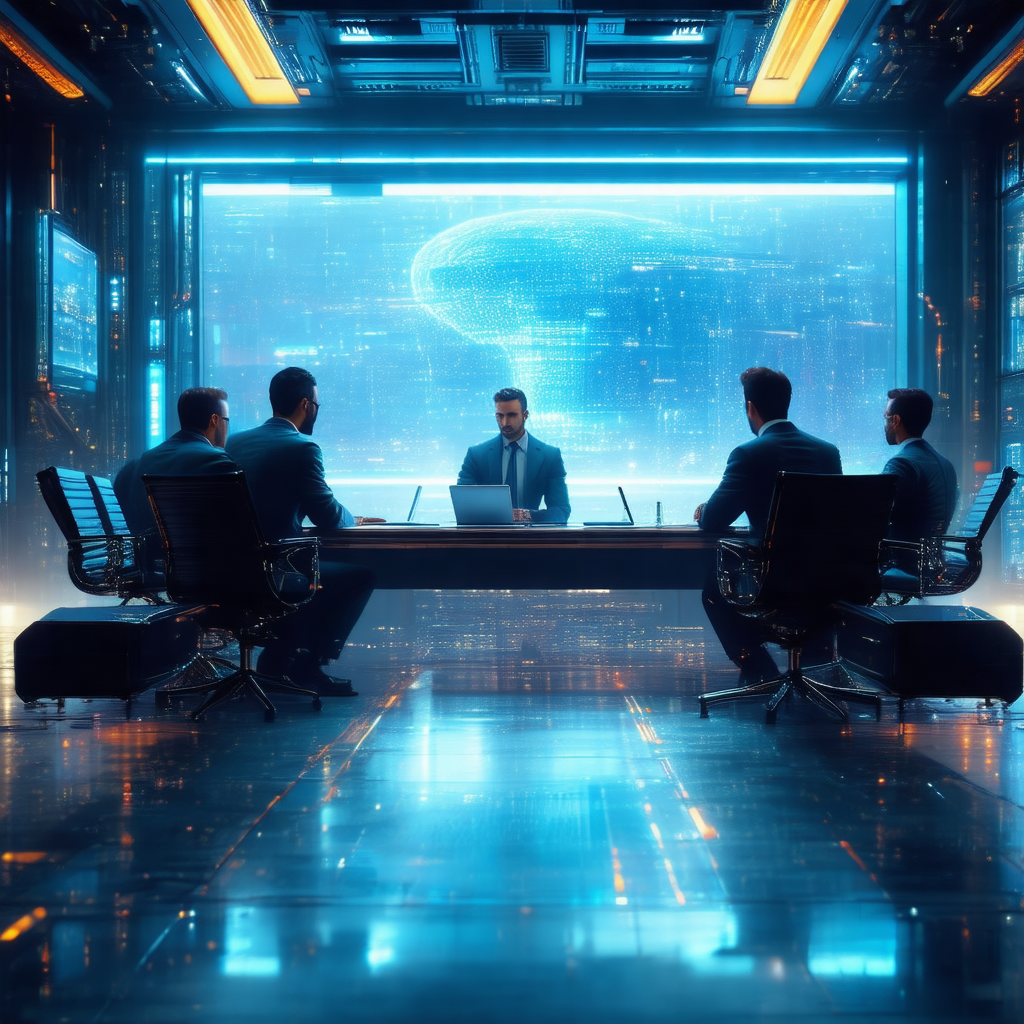 Group of four men sitting around a large, blue table in a...