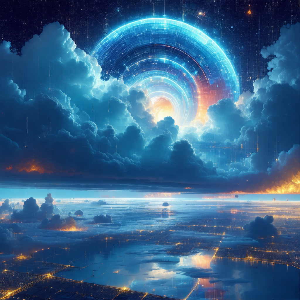 Futuristic cityscape with a large, blue, circular object ...