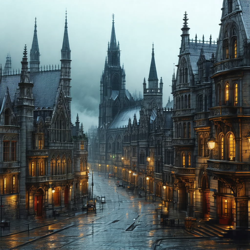Black and white drawing of a city street at night
