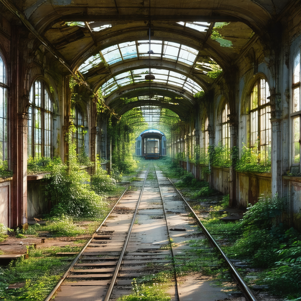 Abandoned train station with a train car sitting on the t...