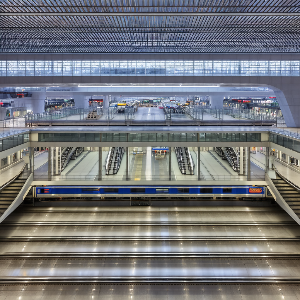 Large train station with multiple train tracks and platforms