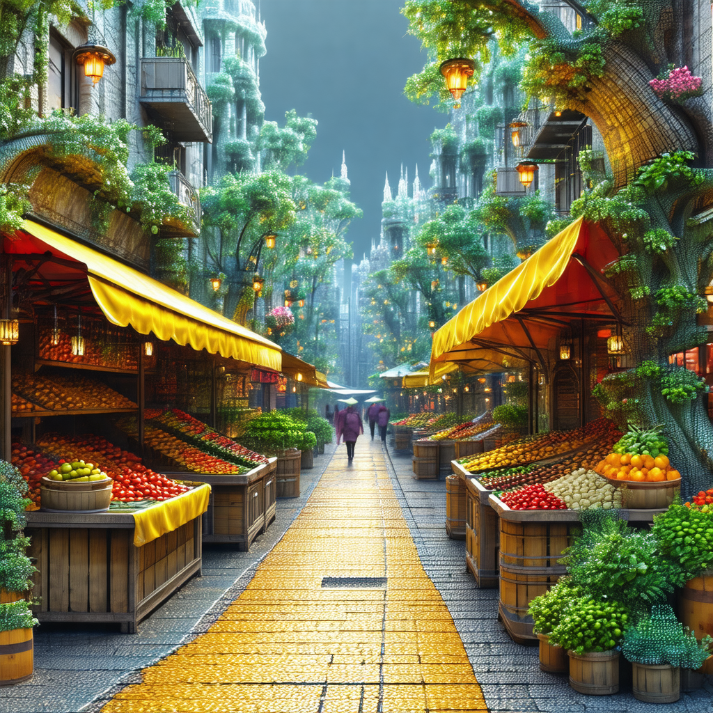 Digital painting of a city street with a variety of fruit...