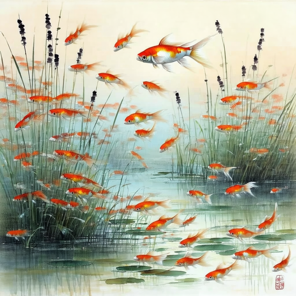 Beautiful scene of a pond filled with a variety of colorf...