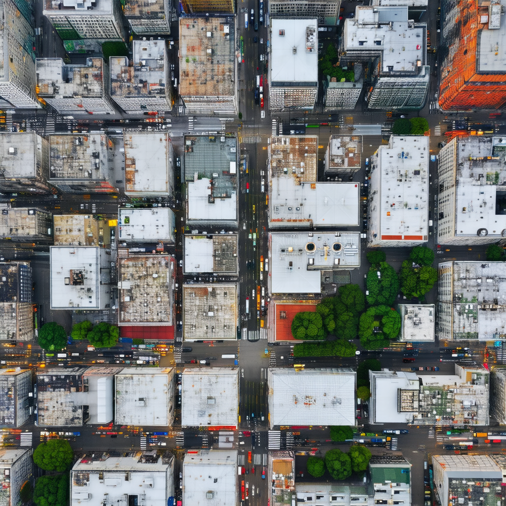 Bird's eye view of a bustling city, showcasing the tall b...