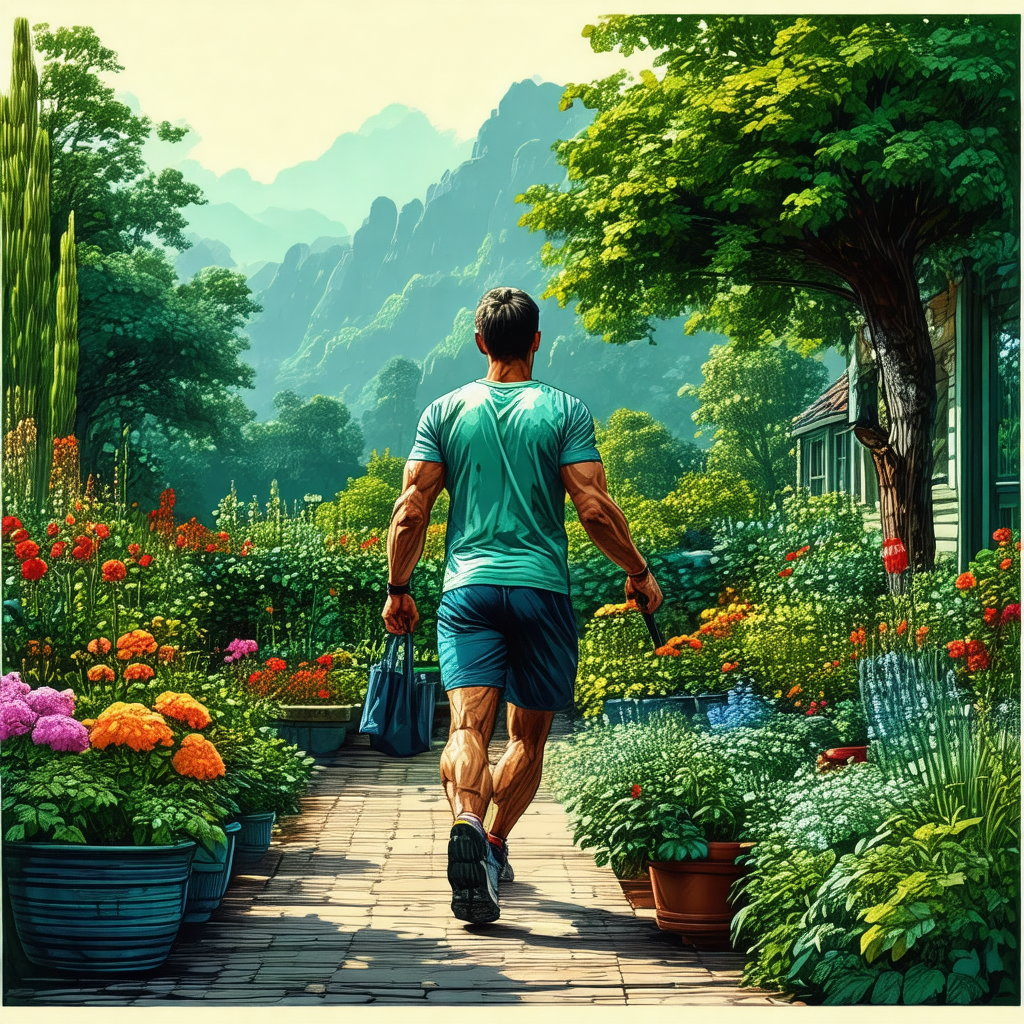 Painting of a man walking down a path surrounded by flowers