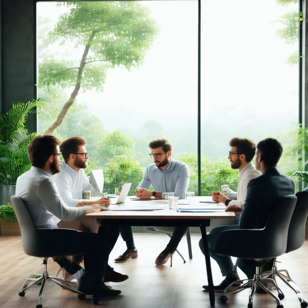 Group of men sitting around a conference table, engaged i...