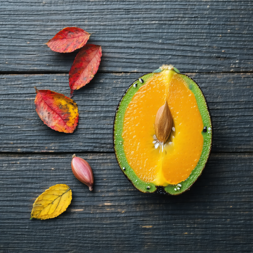 Green fruit, possibly a mango, cut in half and placed on ...