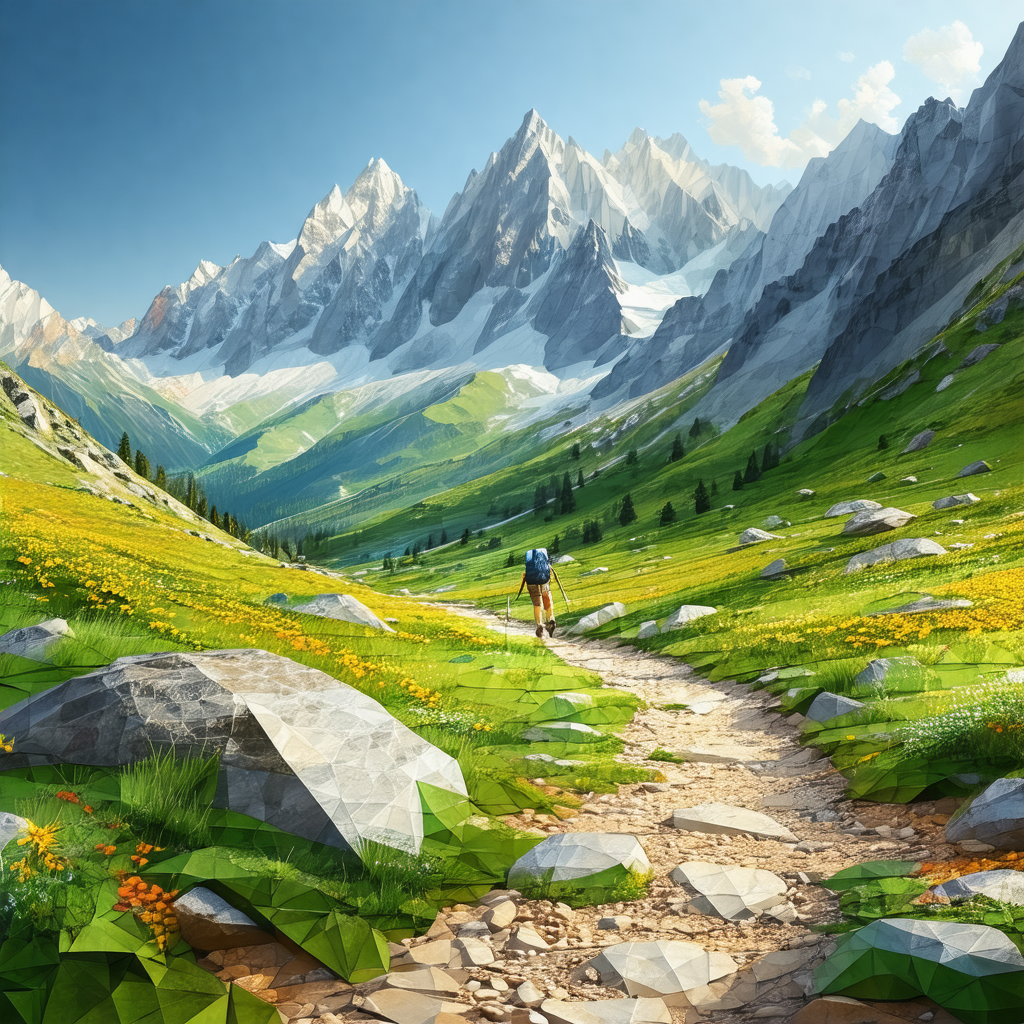 Painting of a man walking on a dirt path in a mountainous...