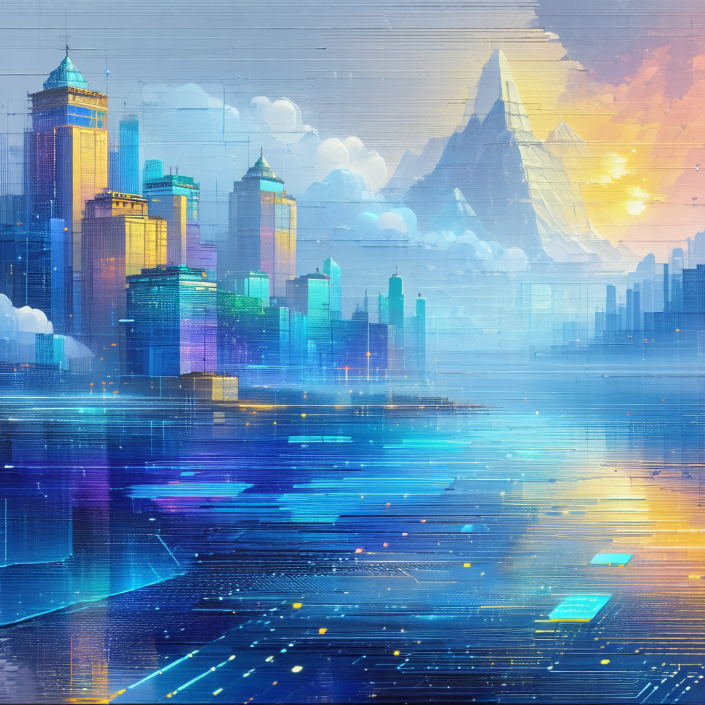 Painting of a cityscape with a large body of water in the...