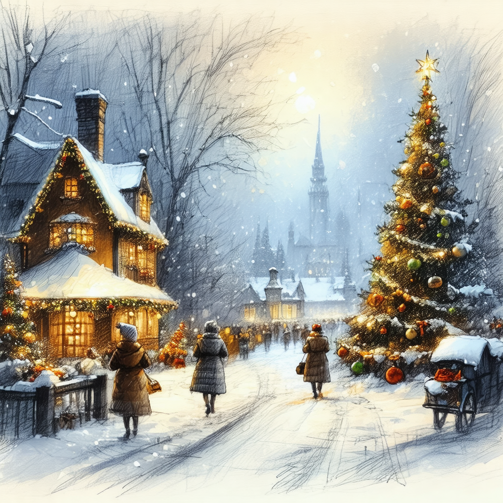 Snowy street scene with a group of people walking down th...