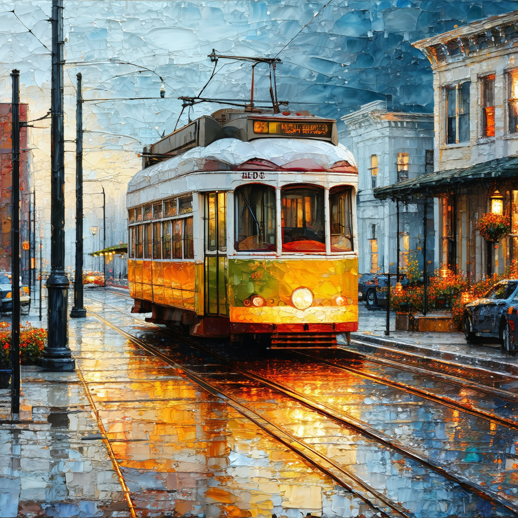 Painting of a city street with a yellow and green trolley...
