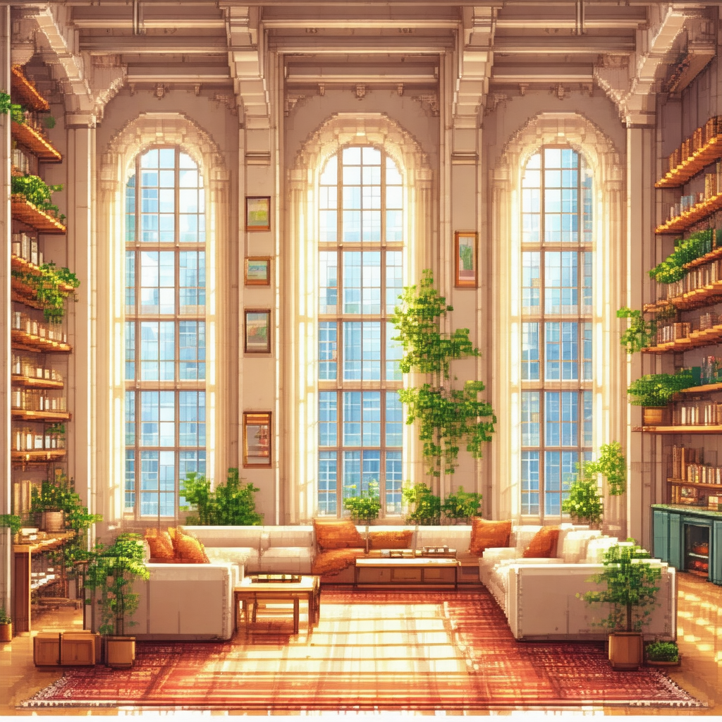 Beautifully drawn cartoon of a living room with a large w...