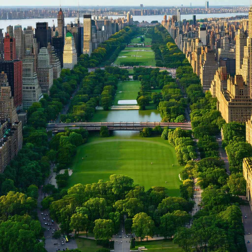 Bird's eye view of a large city park, featuring a lush gr...