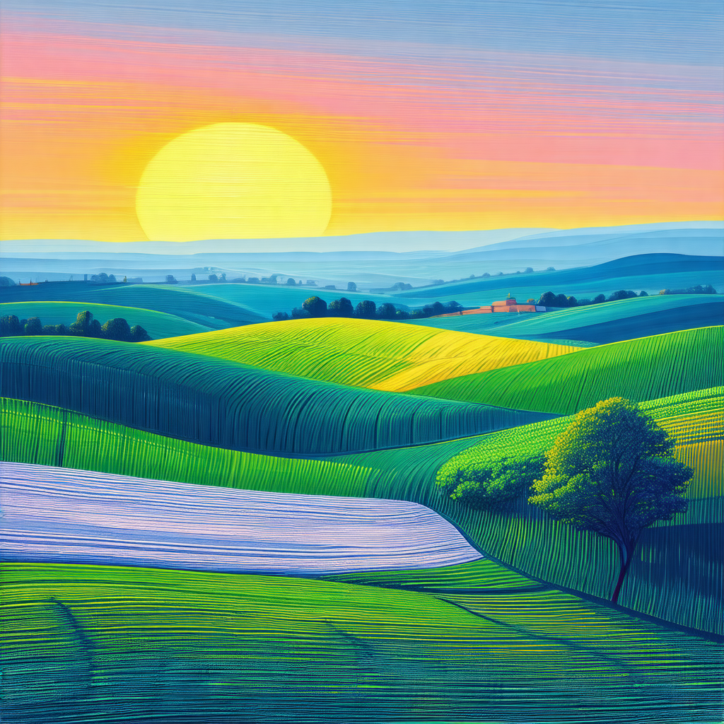 Painting of a beautiful landscape featuring a lush green ...