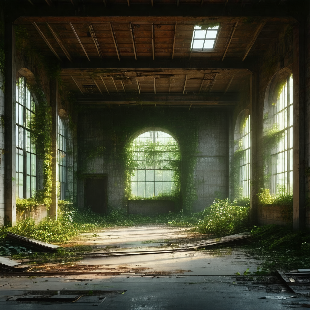 Large, old, and abandoned building with a lot of greenery...