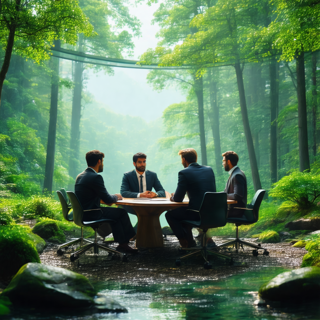 Group of four men sitting around a wooden dining table in...