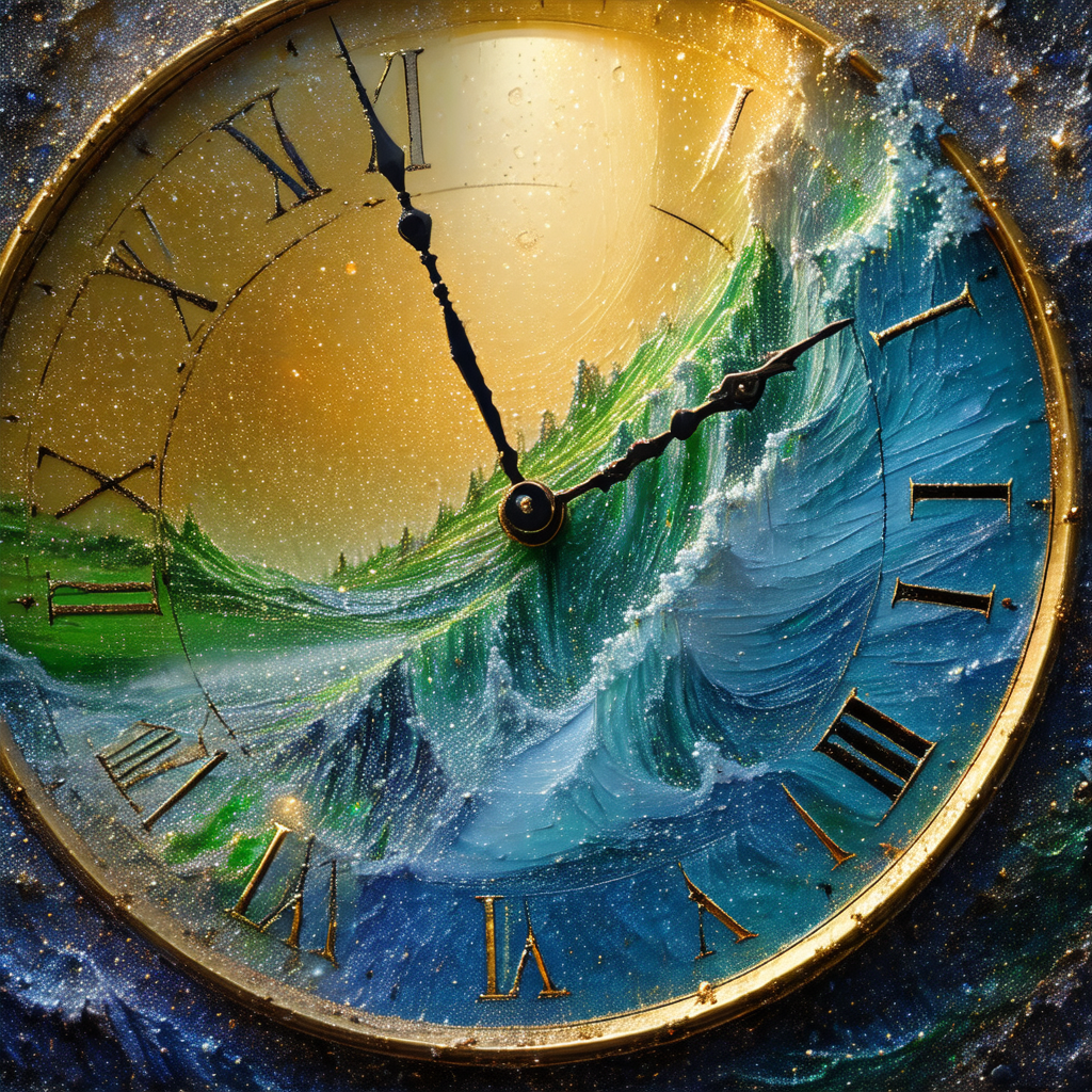 Large, colorful clock with a blue and gold background