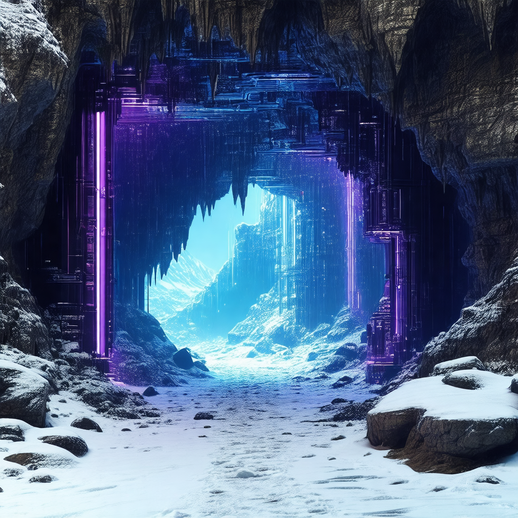 Snowy mountain with a large, purple cave entrance