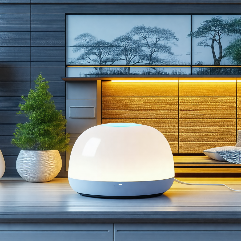 Room with a large white speaker placed on a table