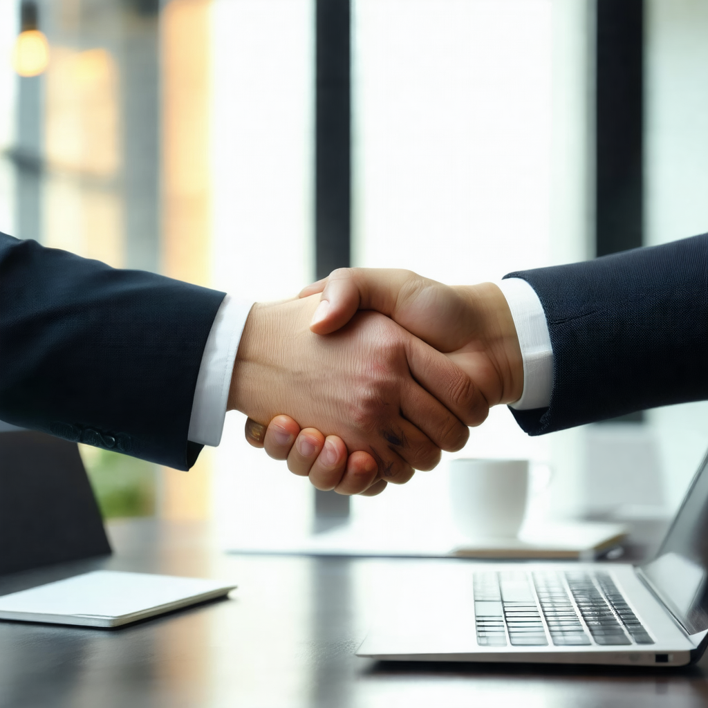 Two men shaking hands in a business setting