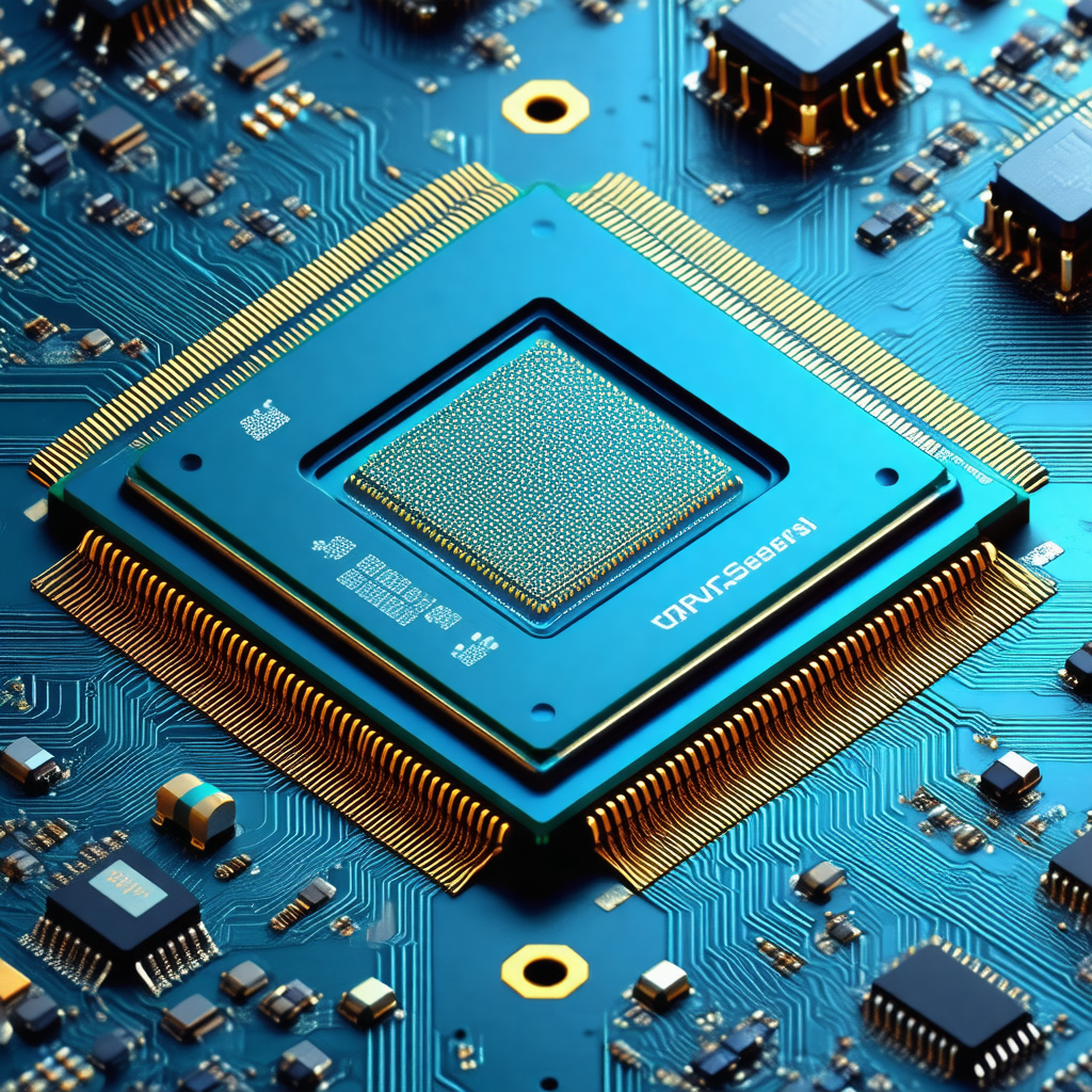 Close-up of a computer chip with a blue square in the center