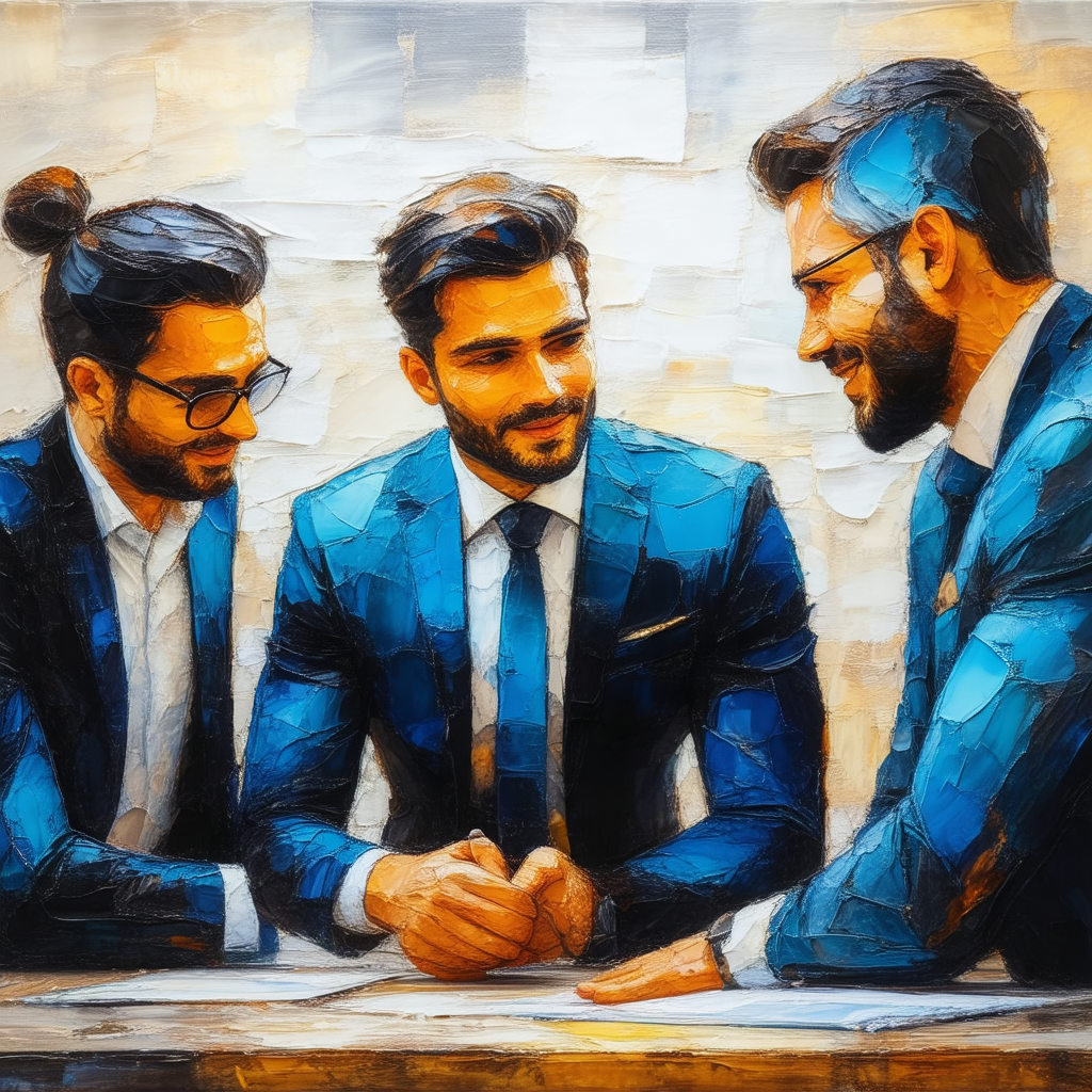 Three men wearing suits and ties, sitting together at a t...