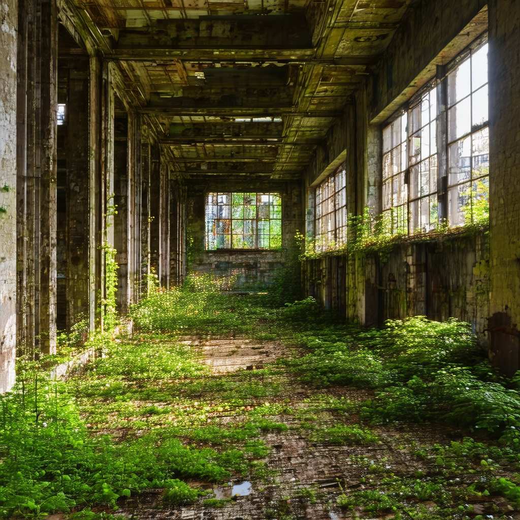 Large, abandoned building with a green roof