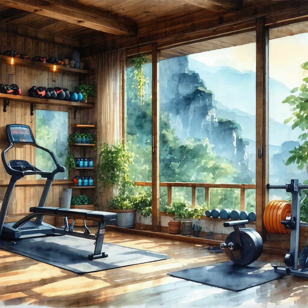 Colorful drawing of a gym room with a variety of equipment