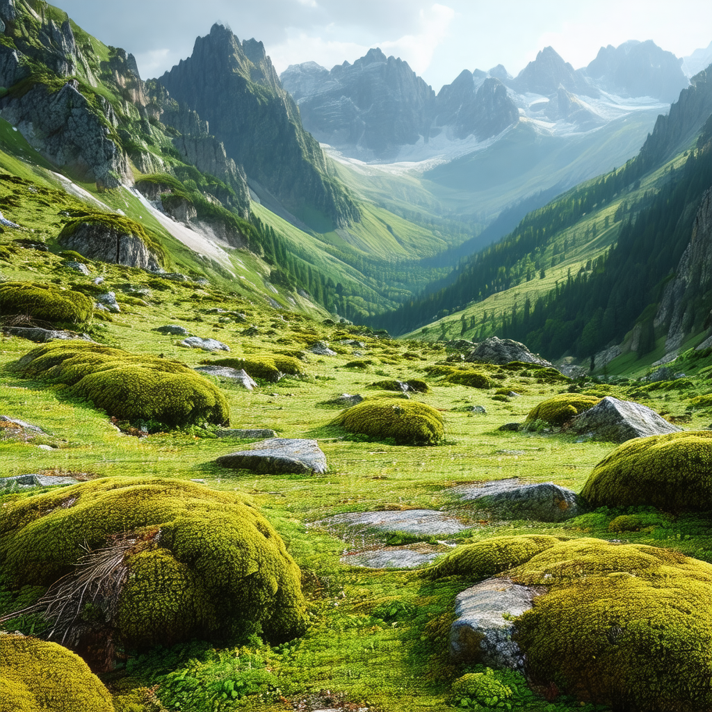 Lush green valley with a mountain range in the background