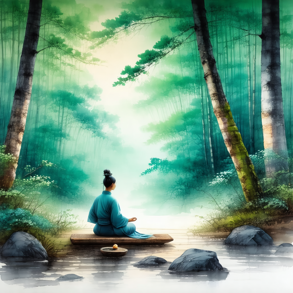 Woman sitting on a small wooden boat in a serene forest s...