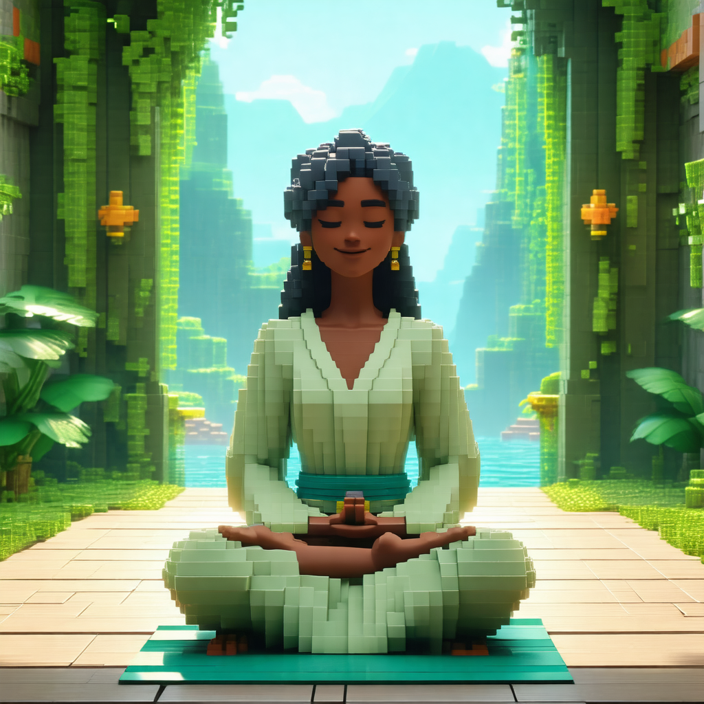 3d digital artwork of a woman sitting on a mat in a seren...