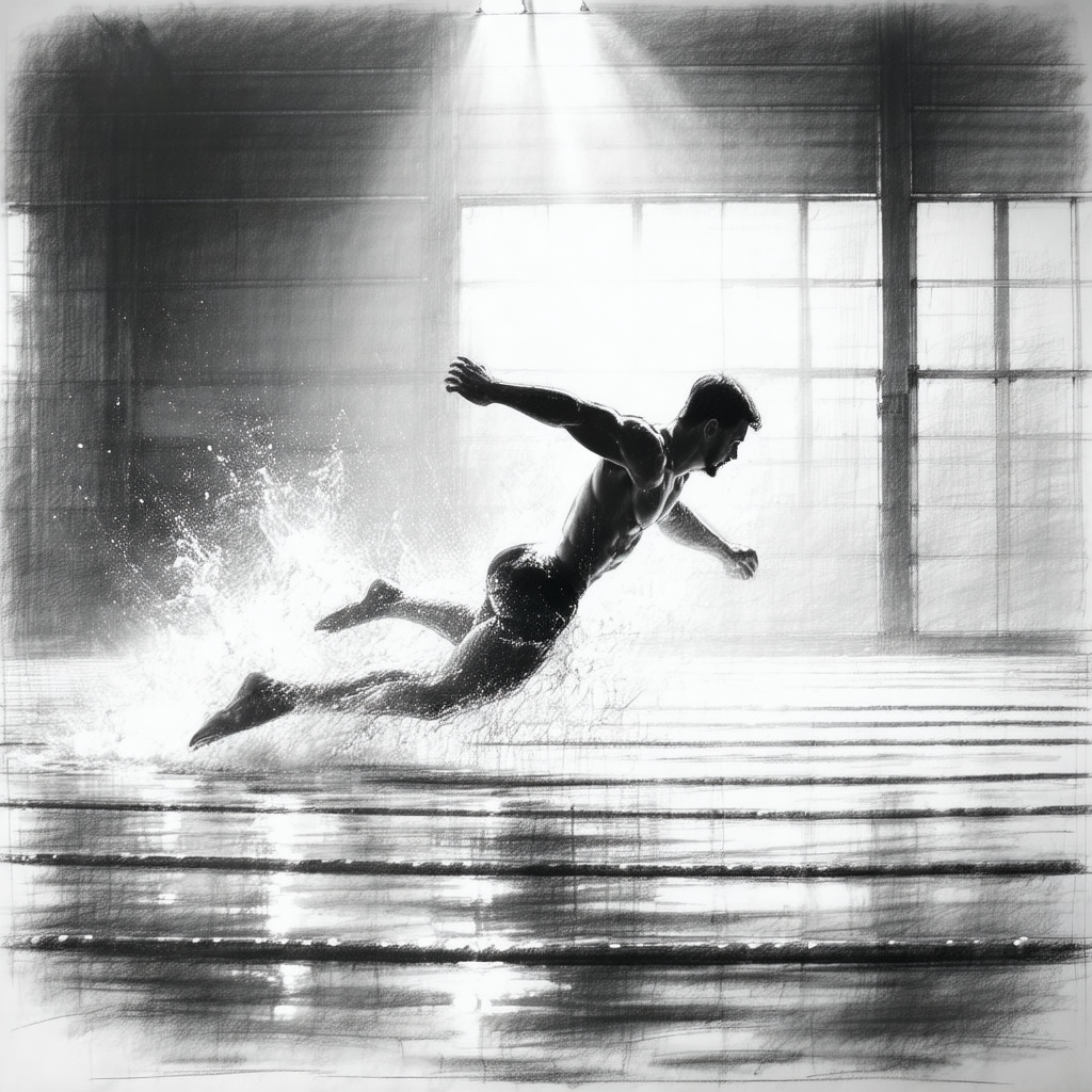 Black and white photo of a man swimming in a pool