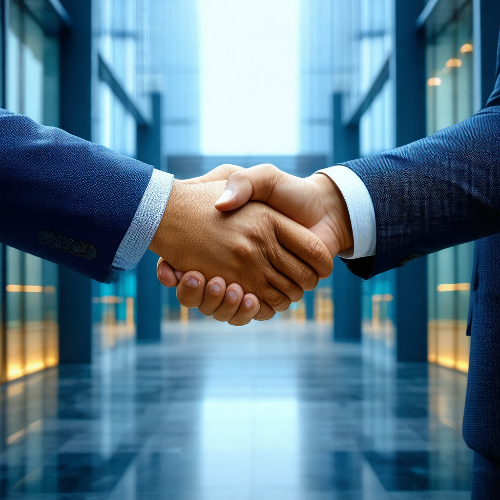 Two men are shaking hands in a large, well-lit room